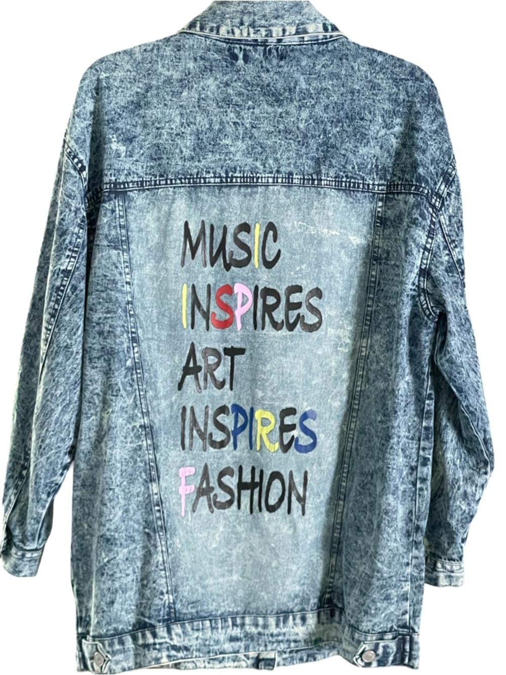 Wearable Art Denim Jean Jacket Acid Wash Pockets Art Thrill Jeans Women’s Large